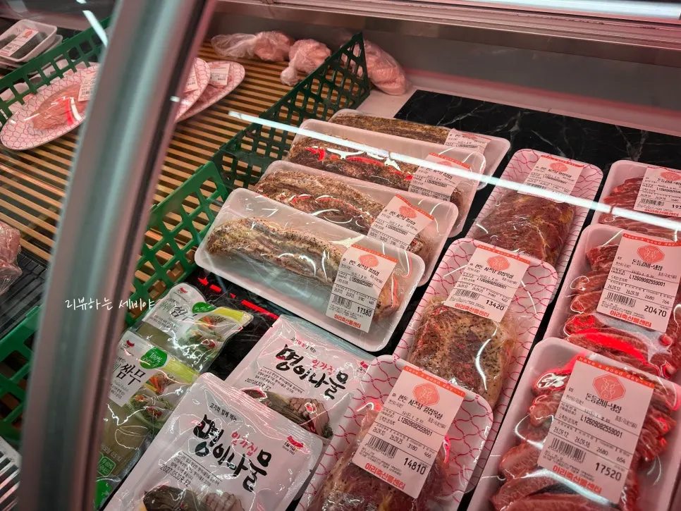 Display case of pork cuts packaged in small portions by cut