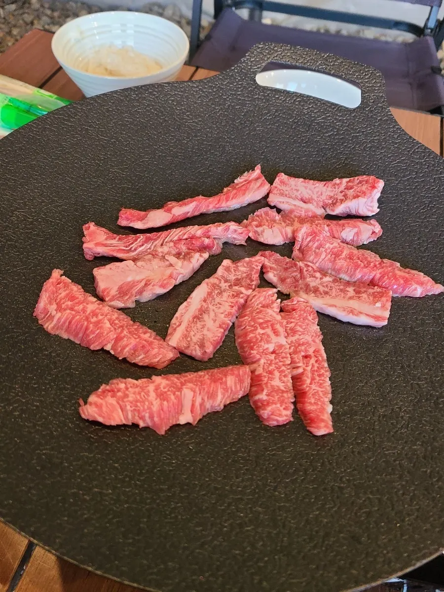 구워진 한우 갈비살 한 점