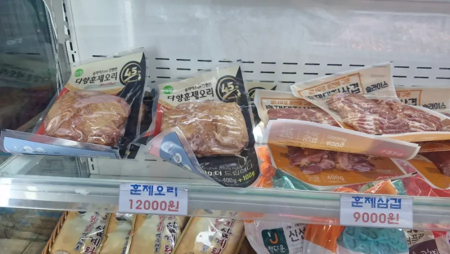 Packs of meat in the refrigerated display case