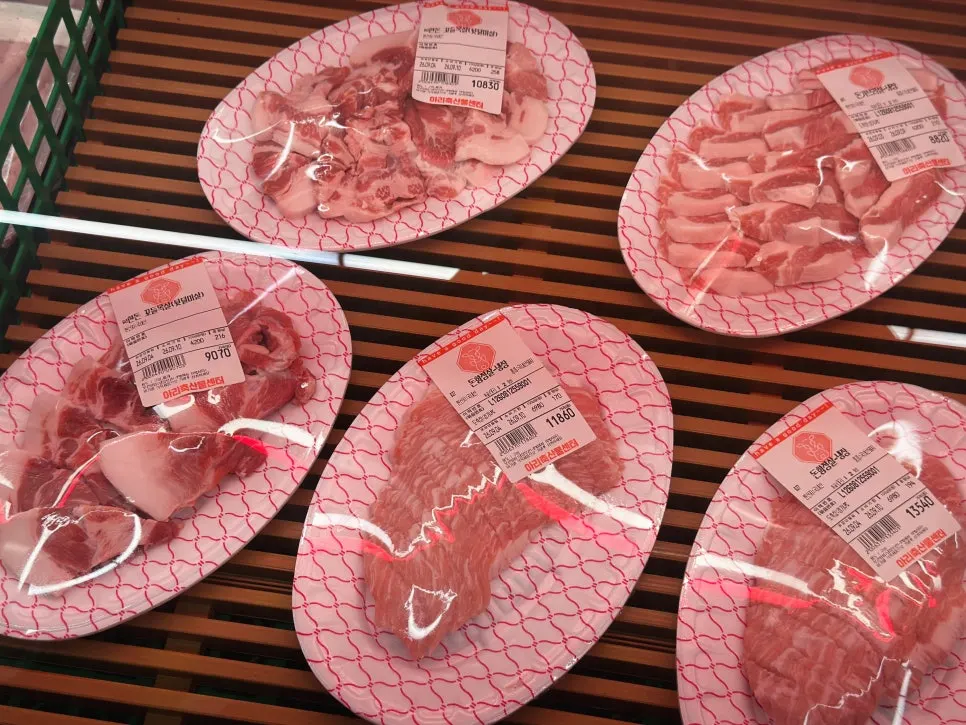 Pork belly, pork neck, jowl and other cuts on display