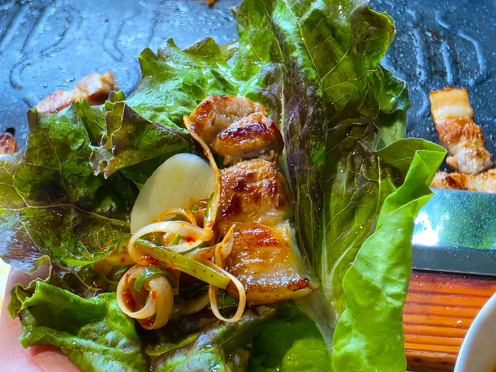 Thick pork belly grilled to a golden brown