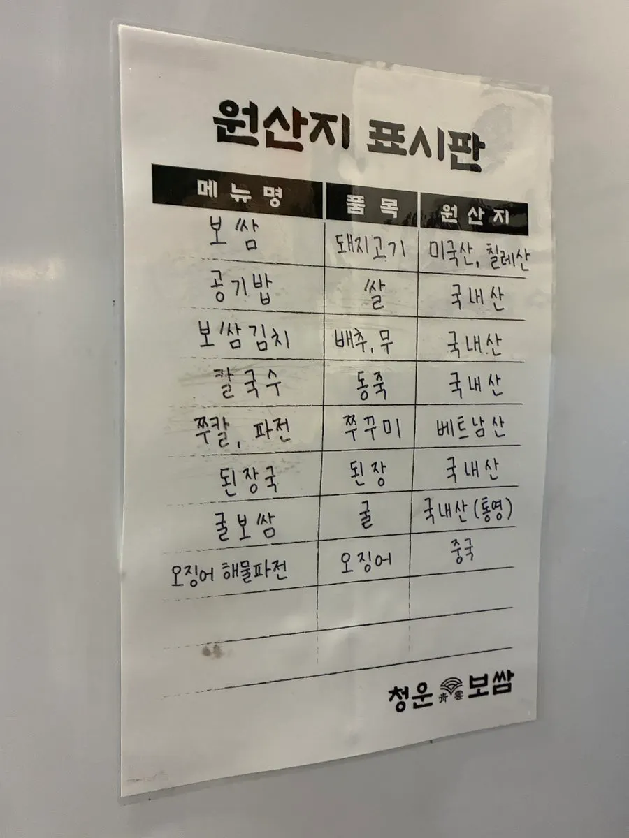 매장 벽면 원산지 표시판