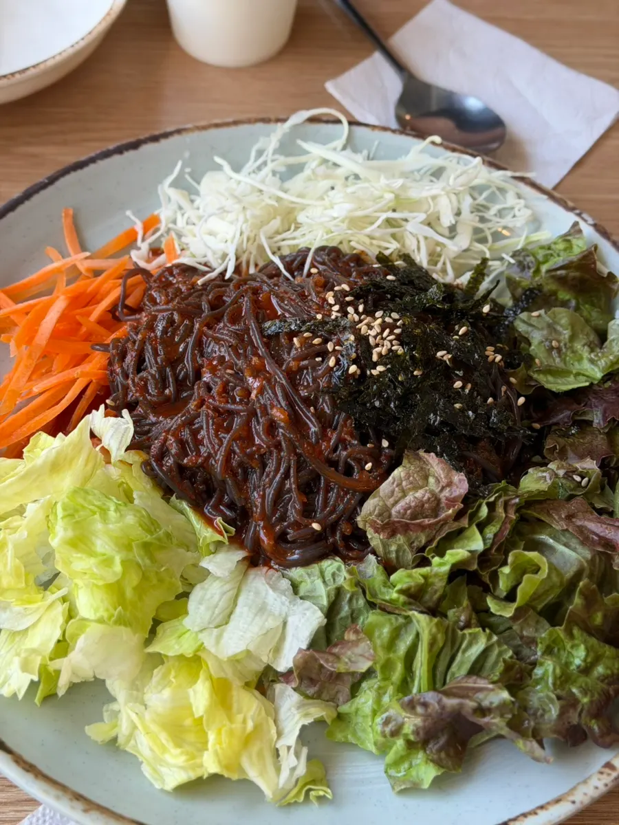 Close-up of seasoned makguksu noodles