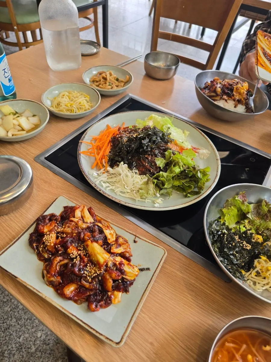 Jinro soju placed beside the stir-fried octopus