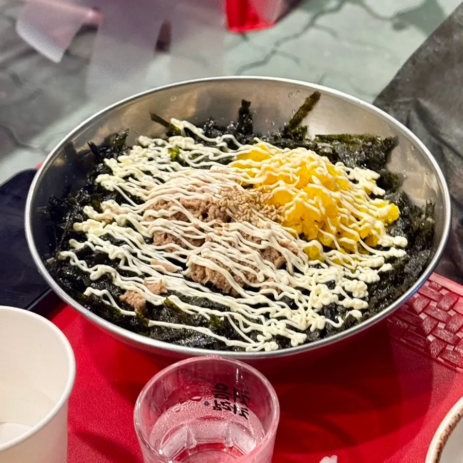 Rice ball and noodle soup set together on the table
