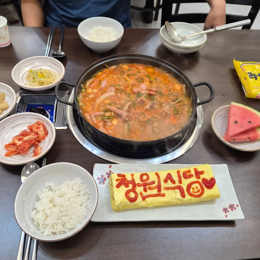 Cheongwon budae-jjigae for two served in a large pot