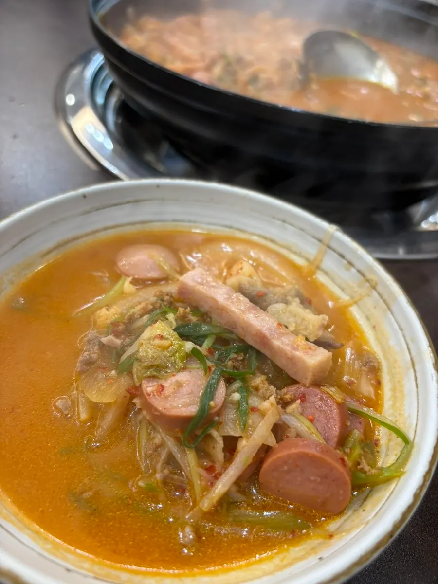 Close-up of ham and sausage in the budae-jjigae