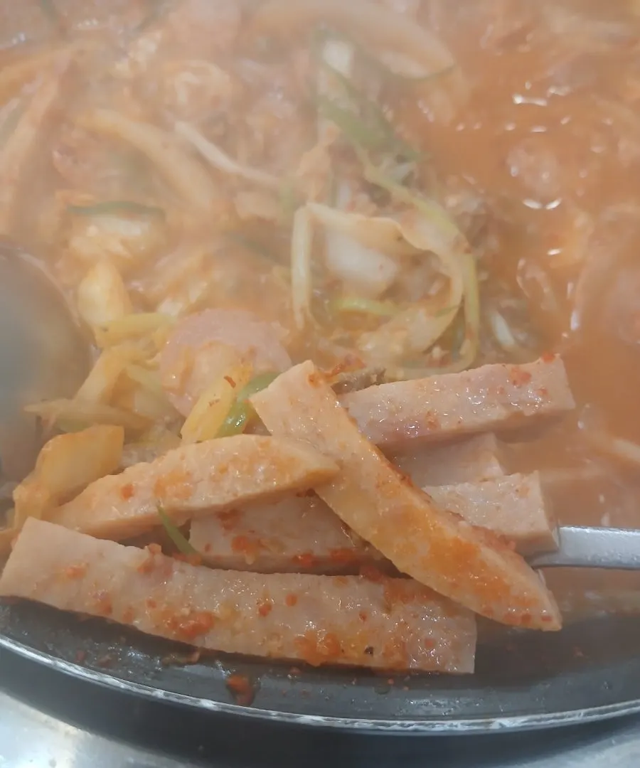 Budae-jjigae packed with ham, sausage, and tofu