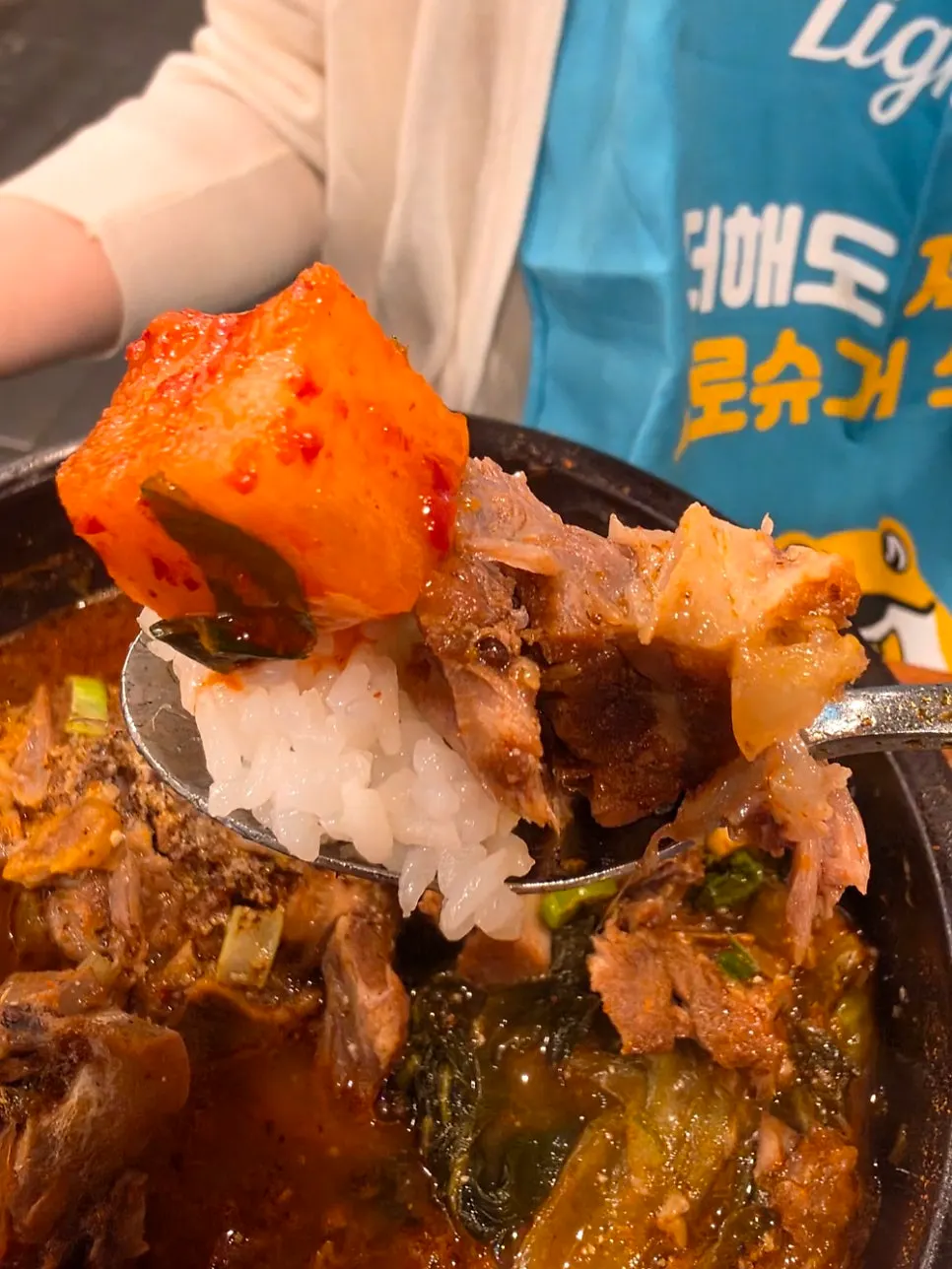 깍두기를 올린 뼈해장국 고기와 밥