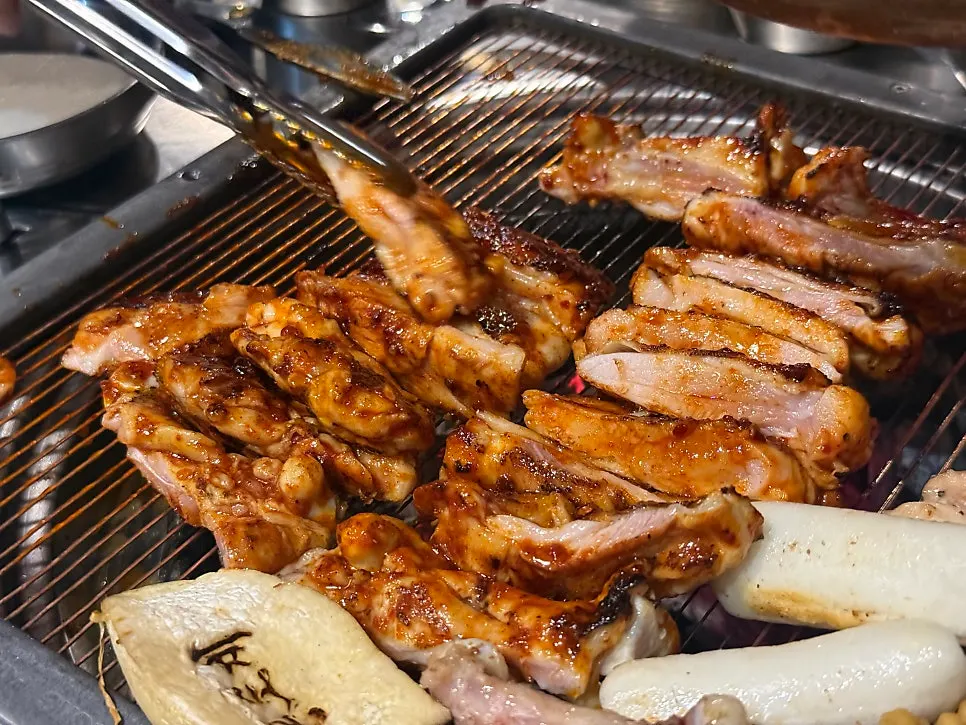 A soft piece of charcoal-grilled chicken galbi