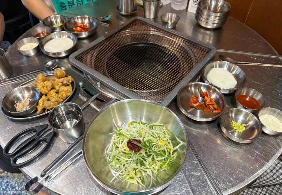 Table set for four with basic side dishes