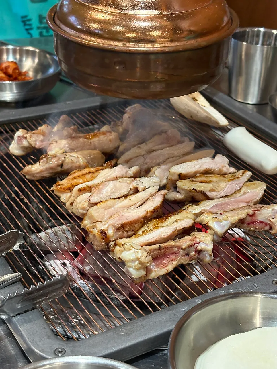 Chicken skin with grill marks and vegetable skewer