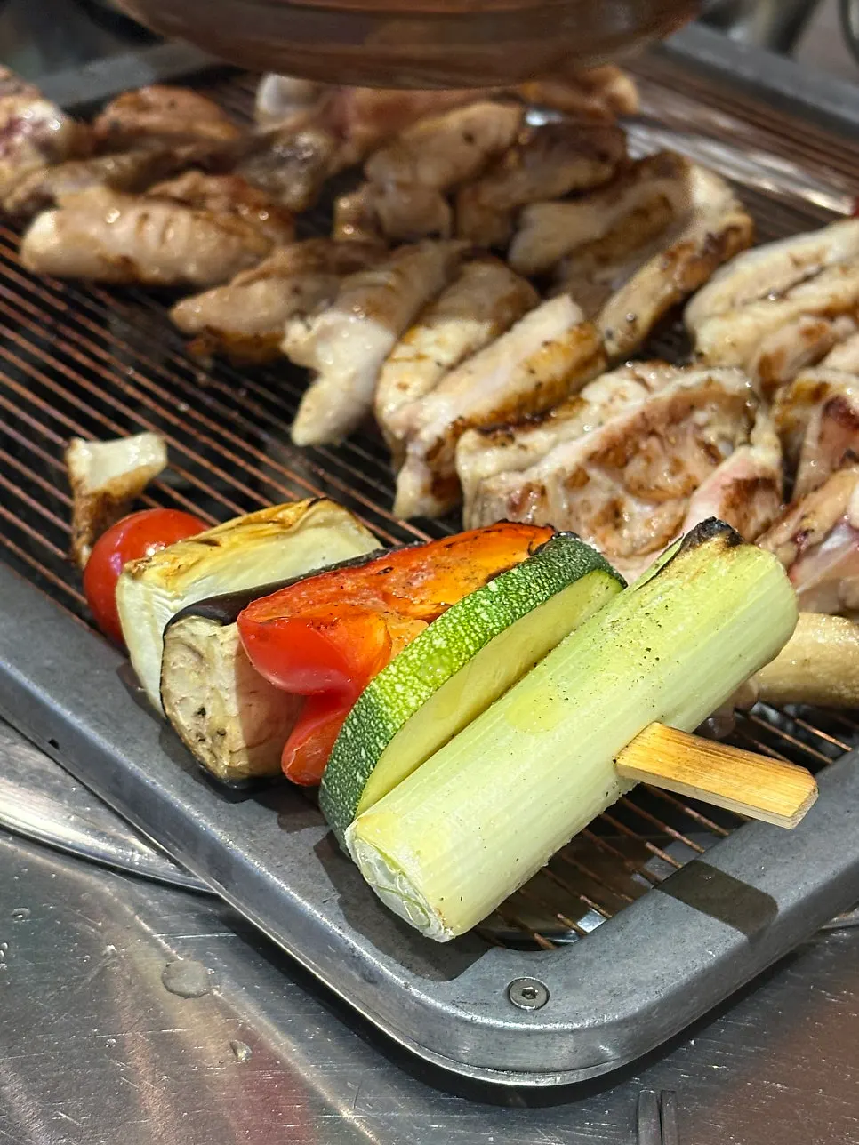 Close-up of a colorful vegetable skewer