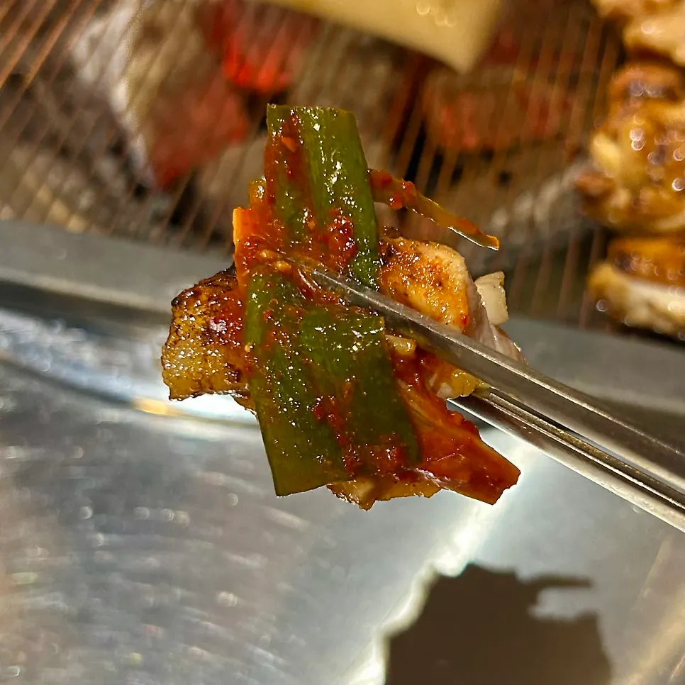 Close-up of soy sauce-marinated charcoal chicken galbi