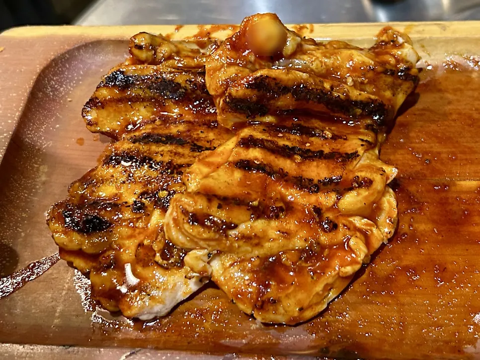 Two pre-seared chunks of spicy chicken galbi