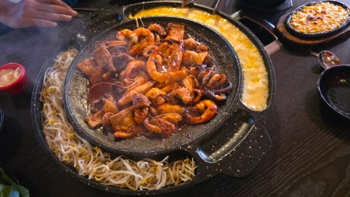 Cheonho jjukkumi with cheese and sweet potato mousse
