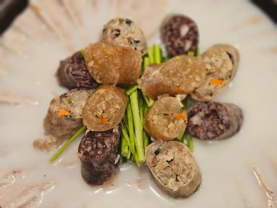 Close-up of the pork neck meat in the sundae hangjeong-suyuk