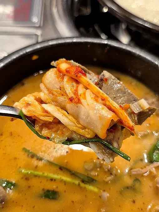 A spoonful of gukbap topped with chives, intestine, and kkakdugi