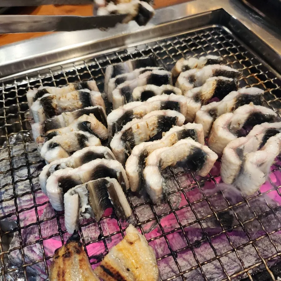 Seared eel cut and plated