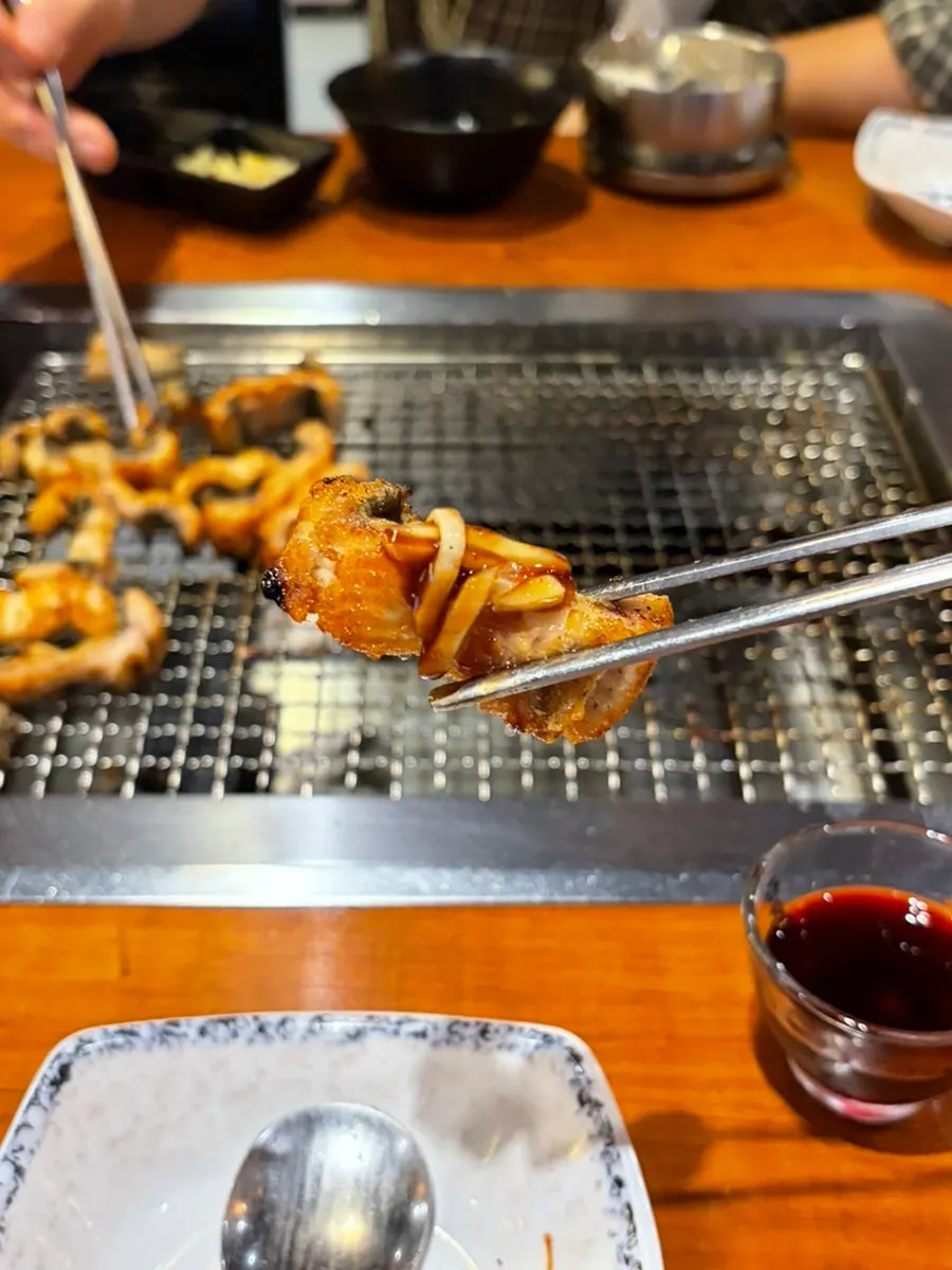 A piece of eel dipped in teriyaki sauce