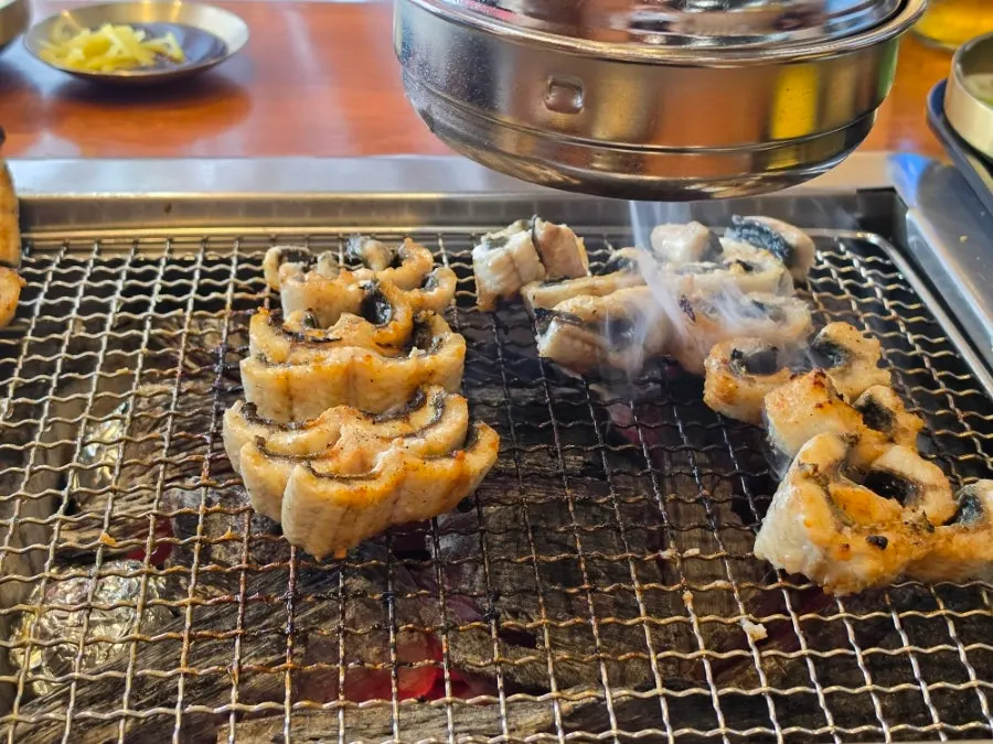 Golden grilled eel lined up in a row