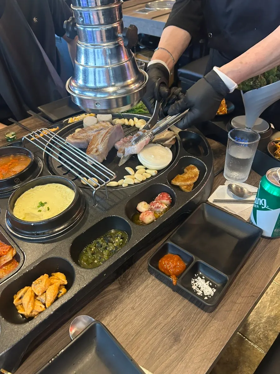 Minari, pasta, octopus, and corn cheese on the grill