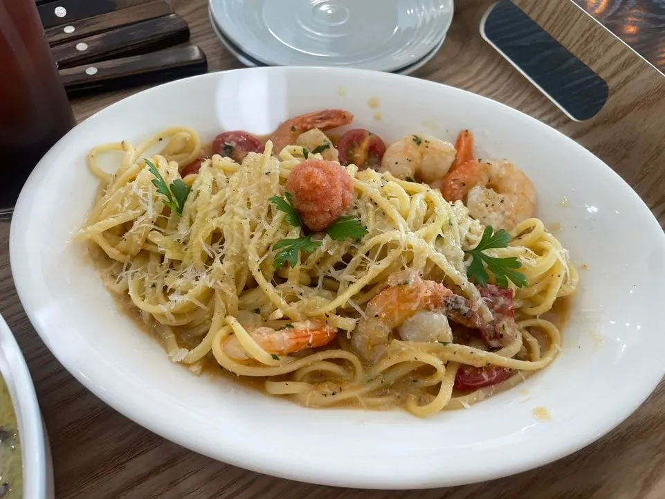 Plate of mentaiko shrimp oil pasta