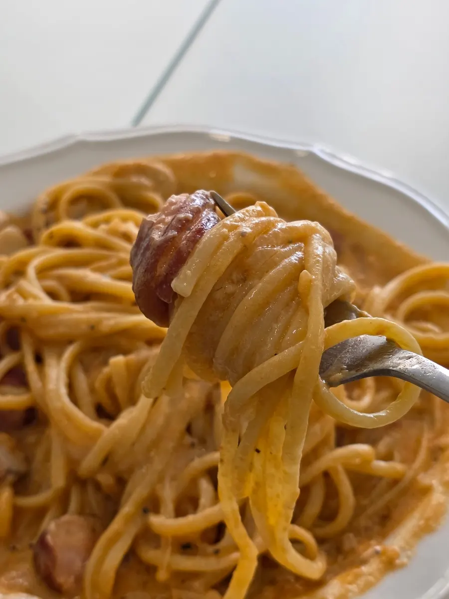 Johnsonville rosé cream pasta topped with sausage