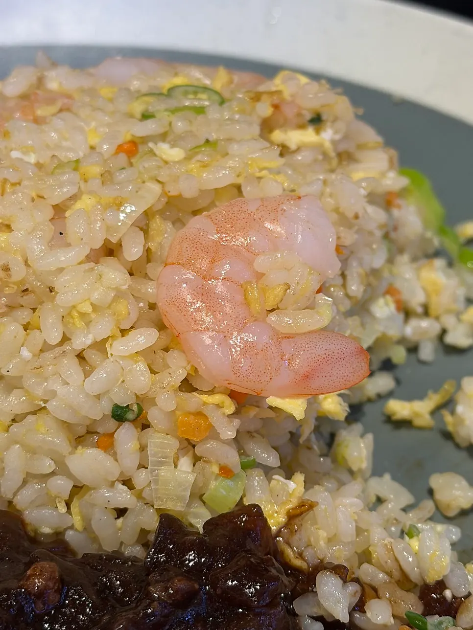 Shrimp fried rice topped with jjajang sauce