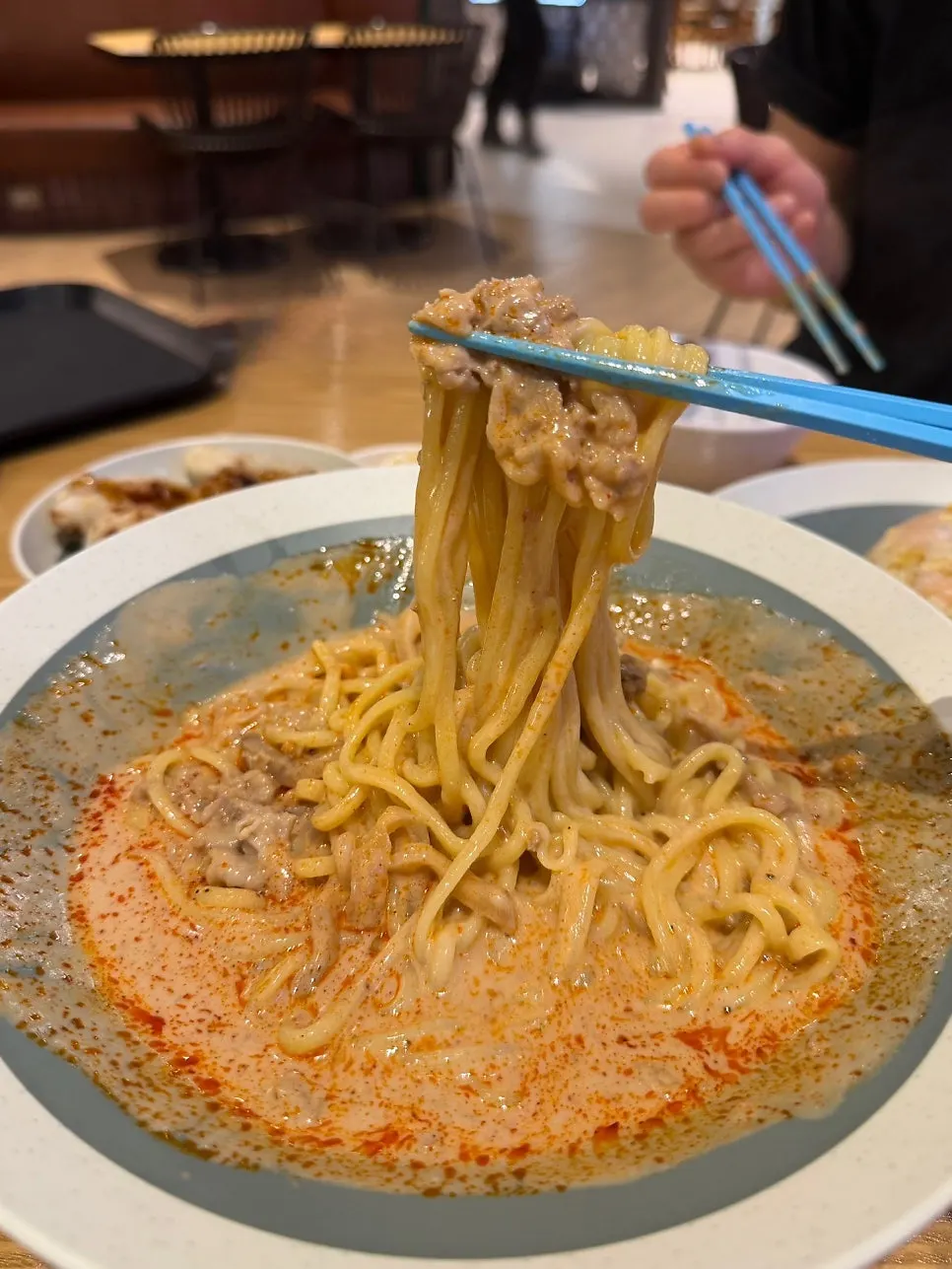 Tantanmen mixed thick and creamy after stirring in the sauce