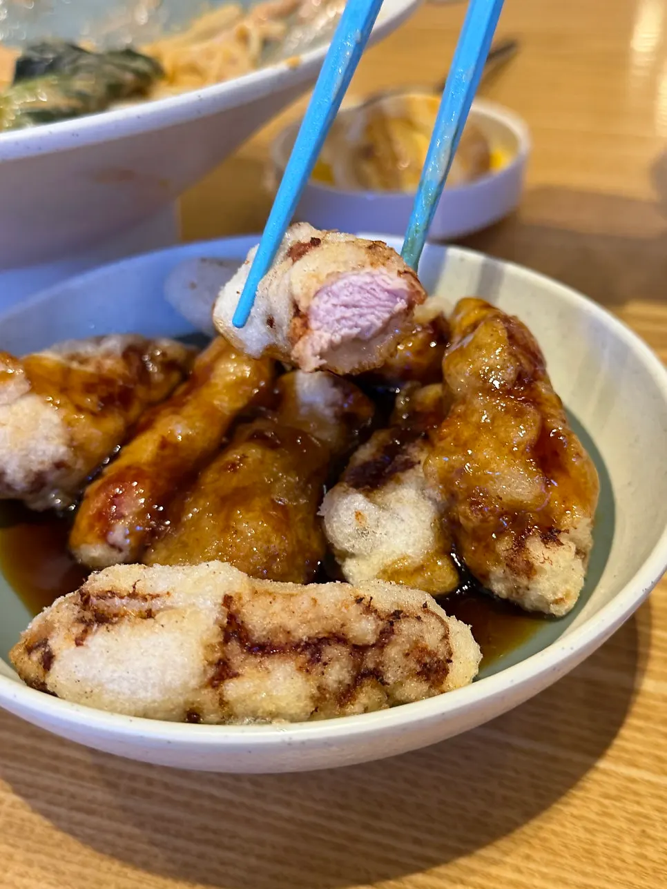 Cross-section of mini tangsuyuk packed full of meat