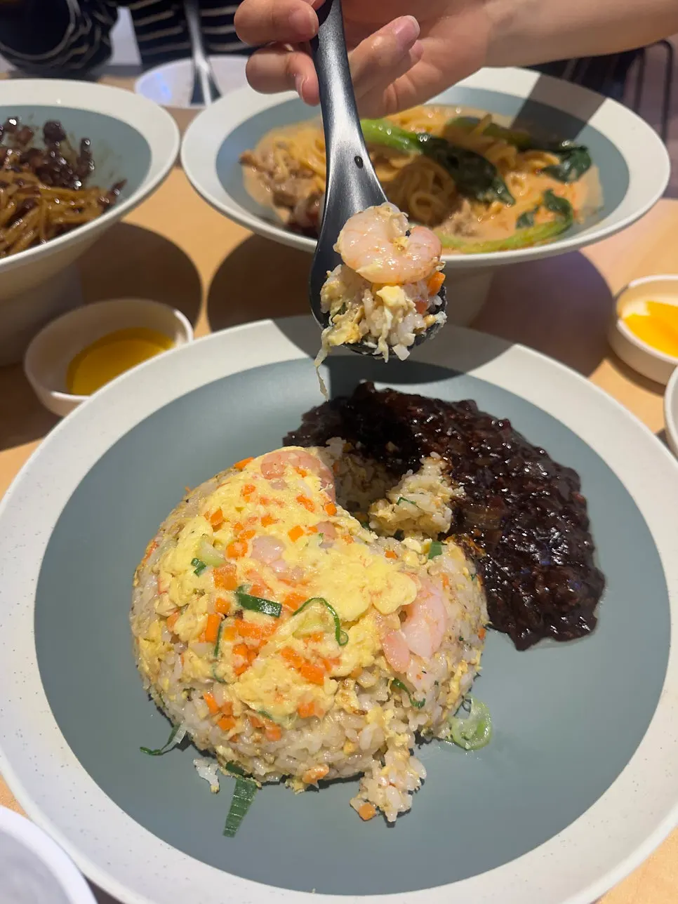 Close-up of fried rice with shrimp pieces