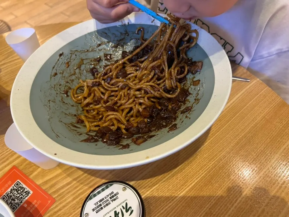 Jjajangmyeon mixed up ready for the kid to eat