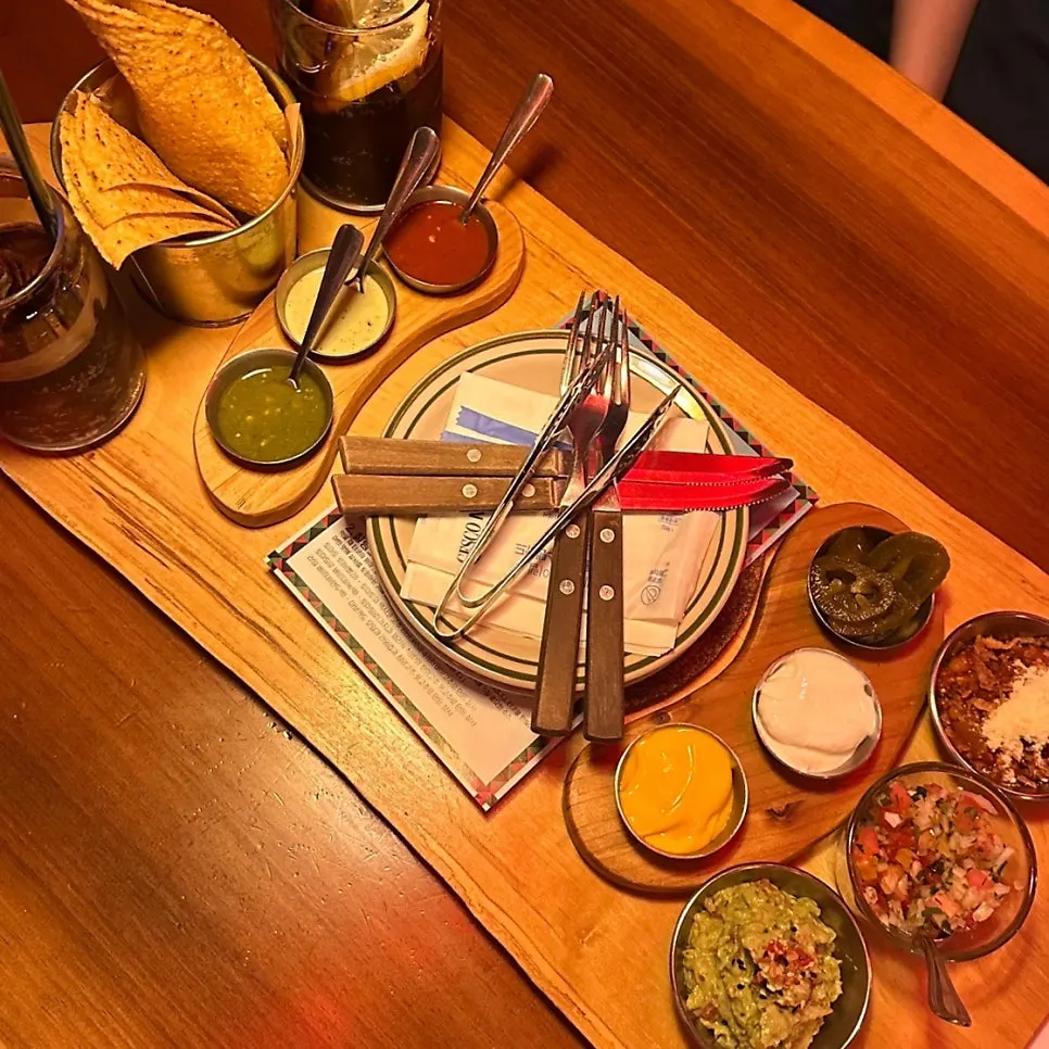Table setup for the two-person taco plate at Chilango
