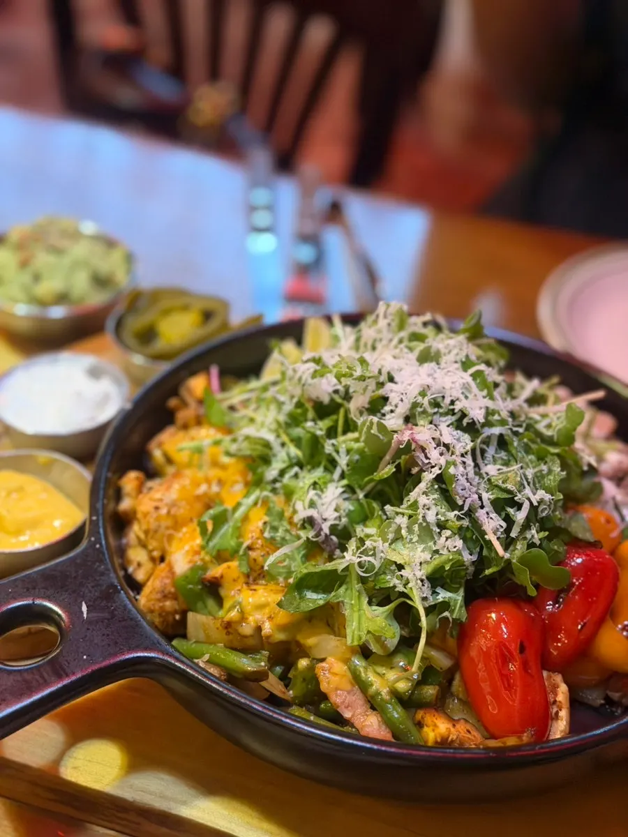 Large taco pan with beef and chicken split half and half