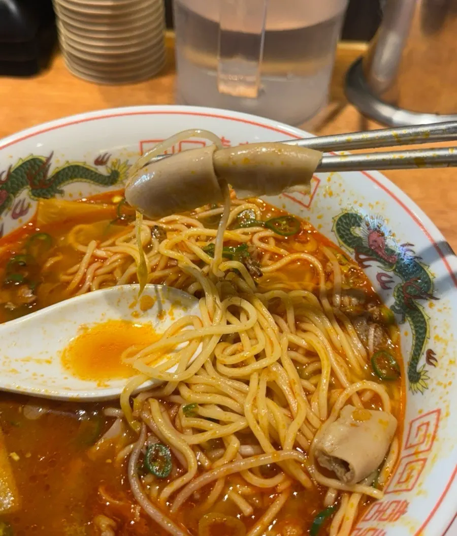 Motsu ramen with pleasantly spicy broth