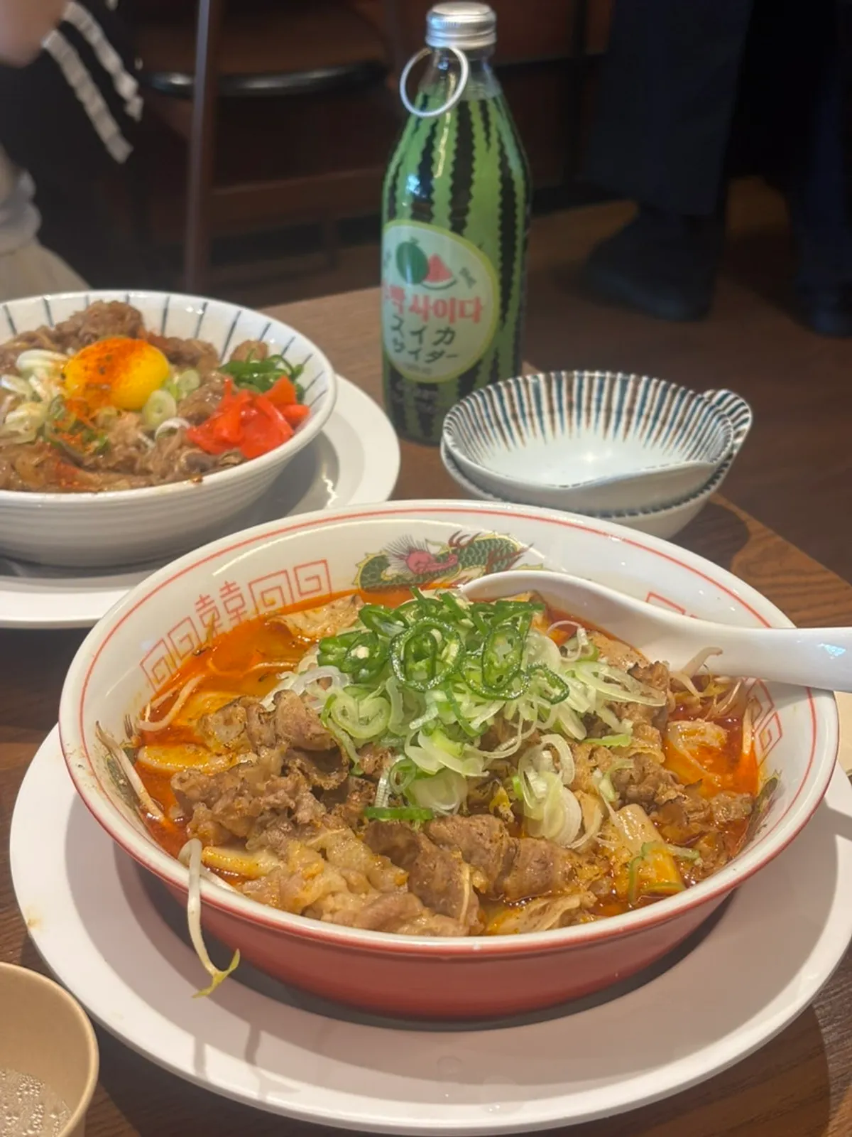 Order of motsu ramen, gyudon, and watermelon soda