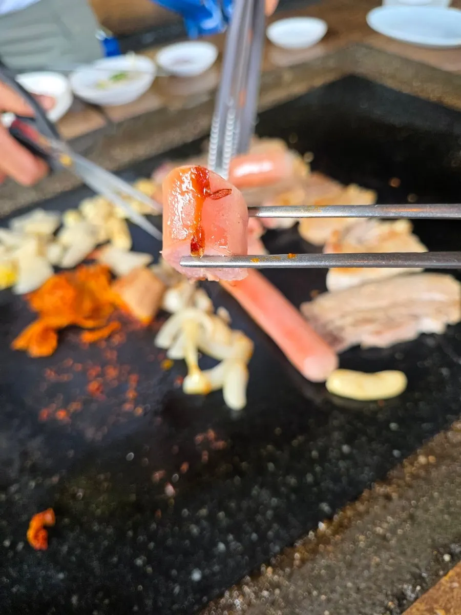 Sausage grilled on top of the stone plate