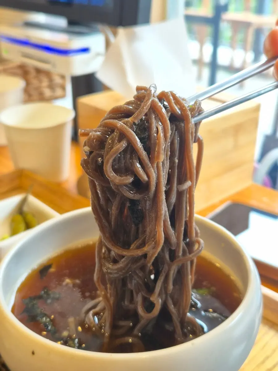 Buckwheat noodles dipped into bonito broth