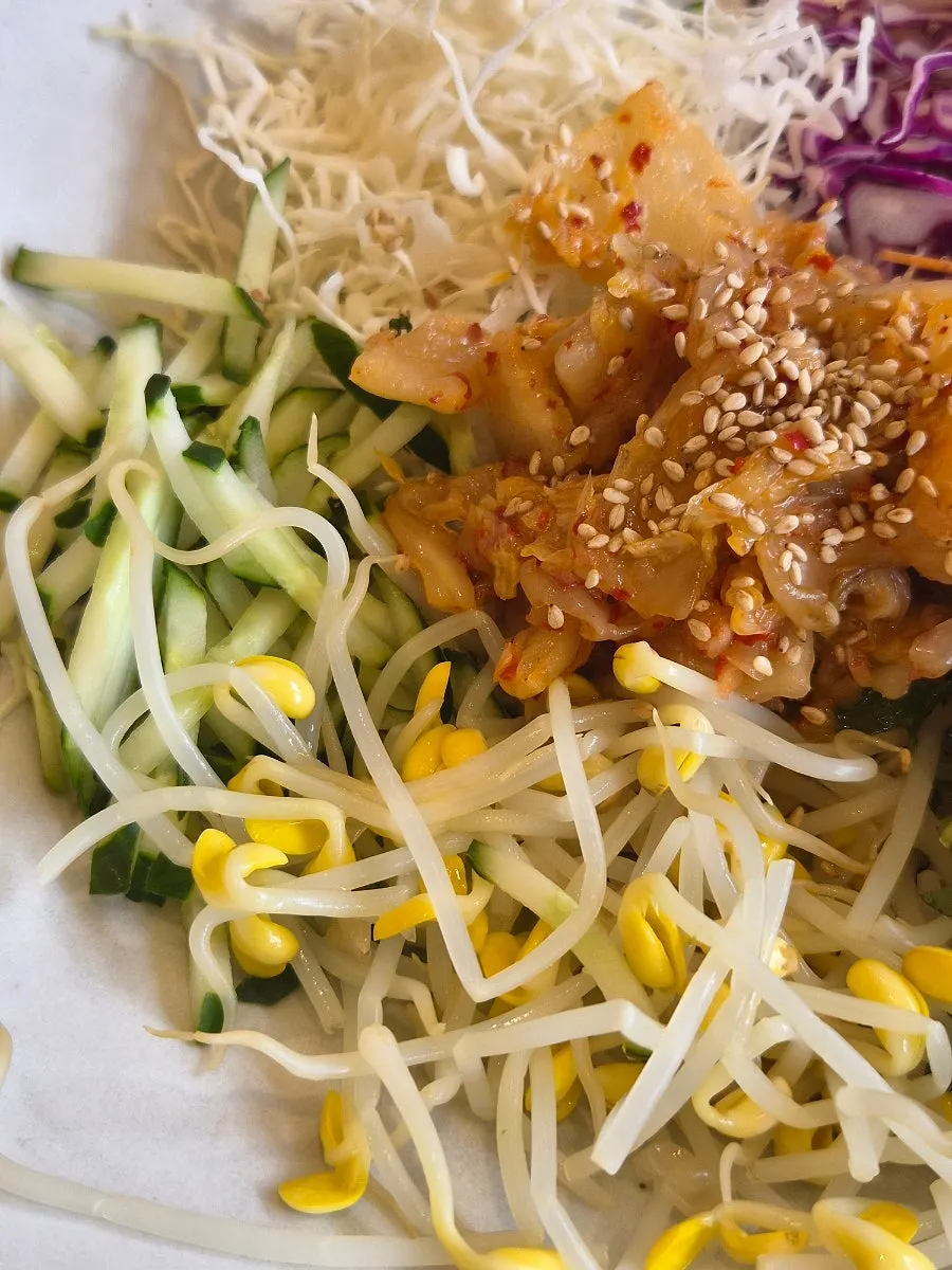 Close-up of vegetables on the perilla oil aged-kimchi bibimbap