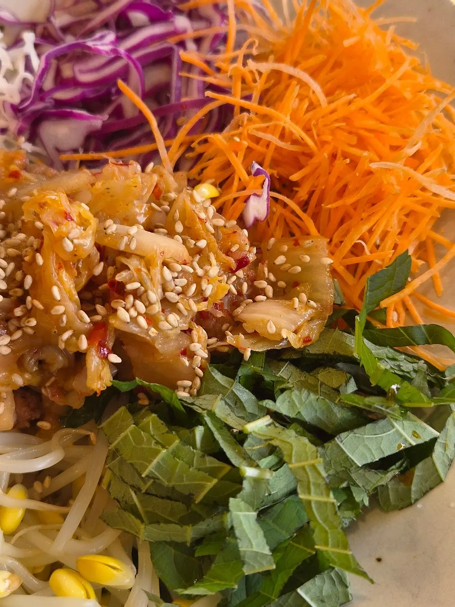 Meat topping inside the bibimbap