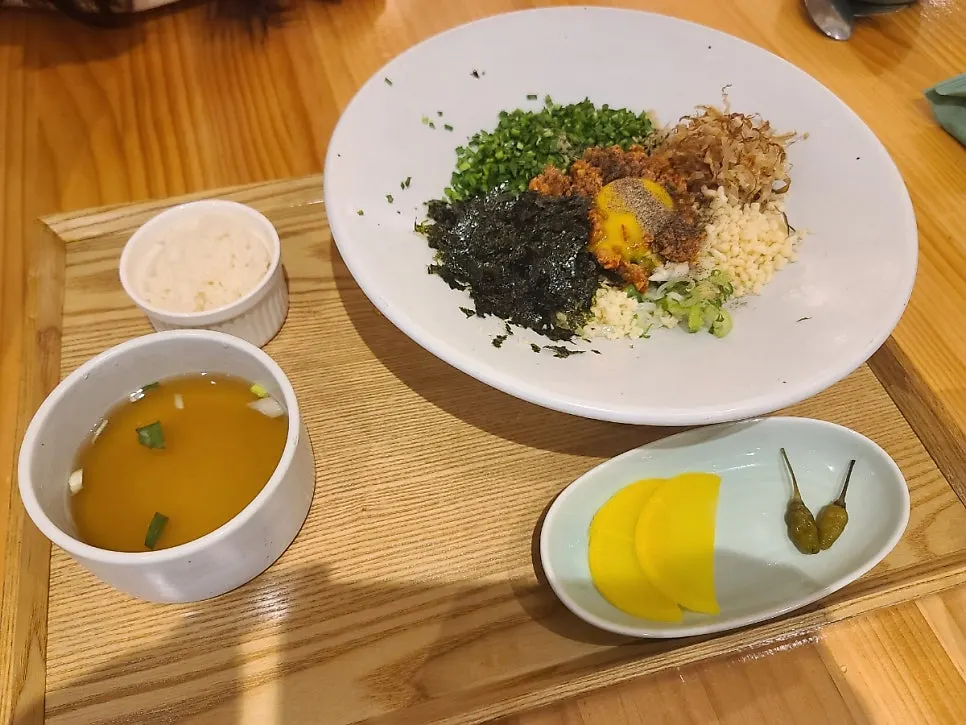 Table spread with mazesoba udon and pork loin cutlet