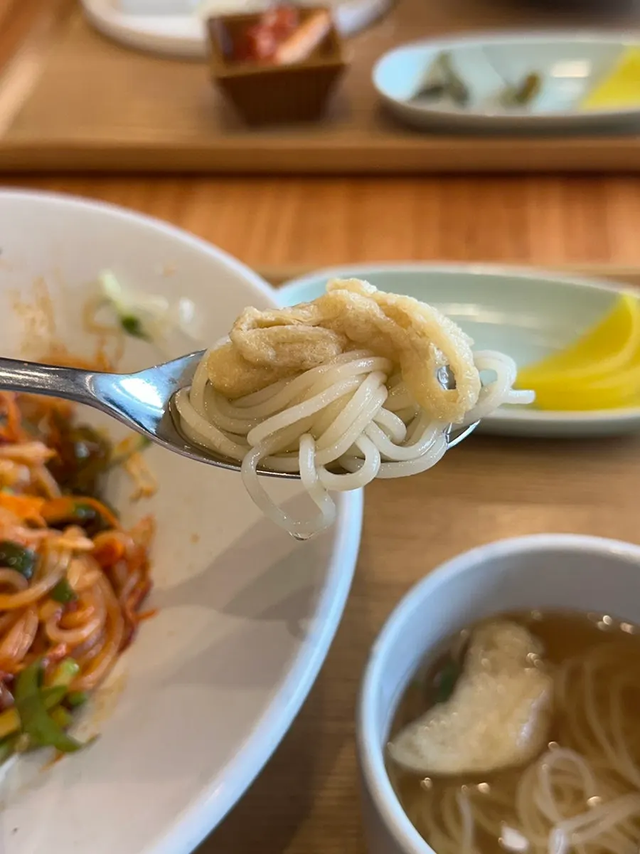 젓가락으로 들어올린 쫄깃한 국수 면발