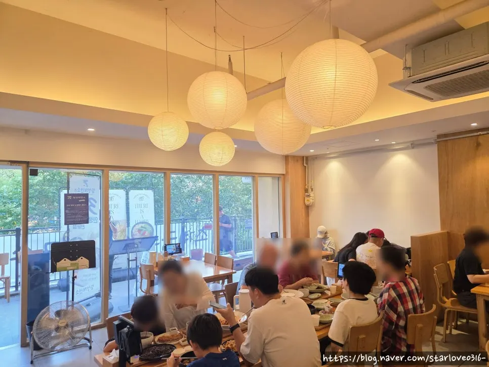 View of the restaurant interior under soft lighting
