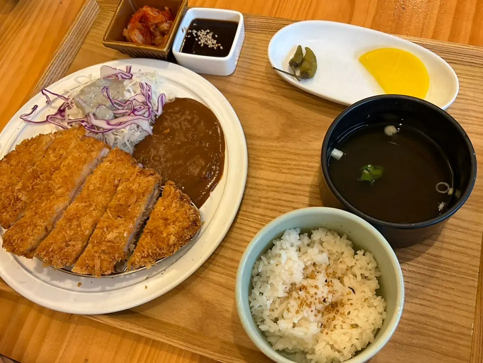 소스와 카레가 함께 나온 등심돈가스