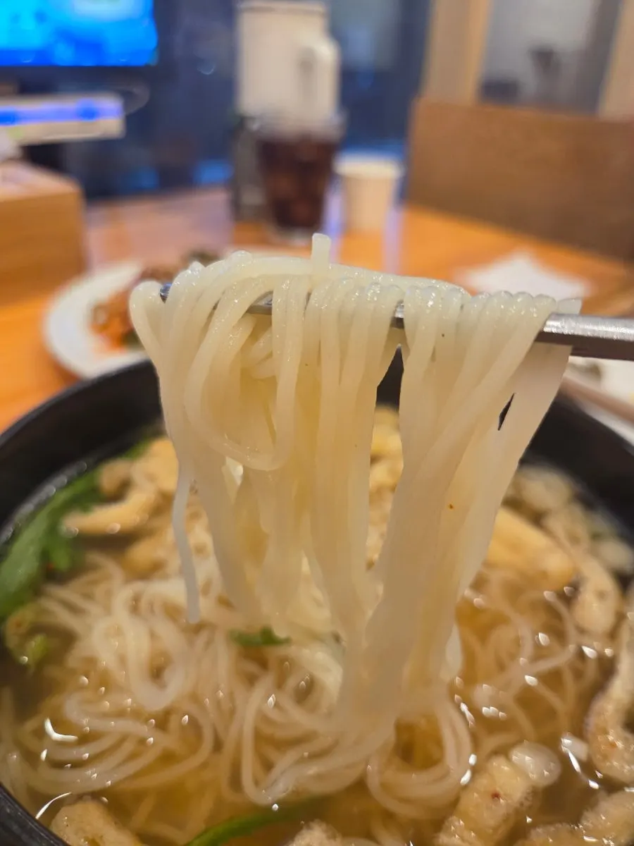 Fresh noodles topped with fried tofu skin and crown daisy garnish