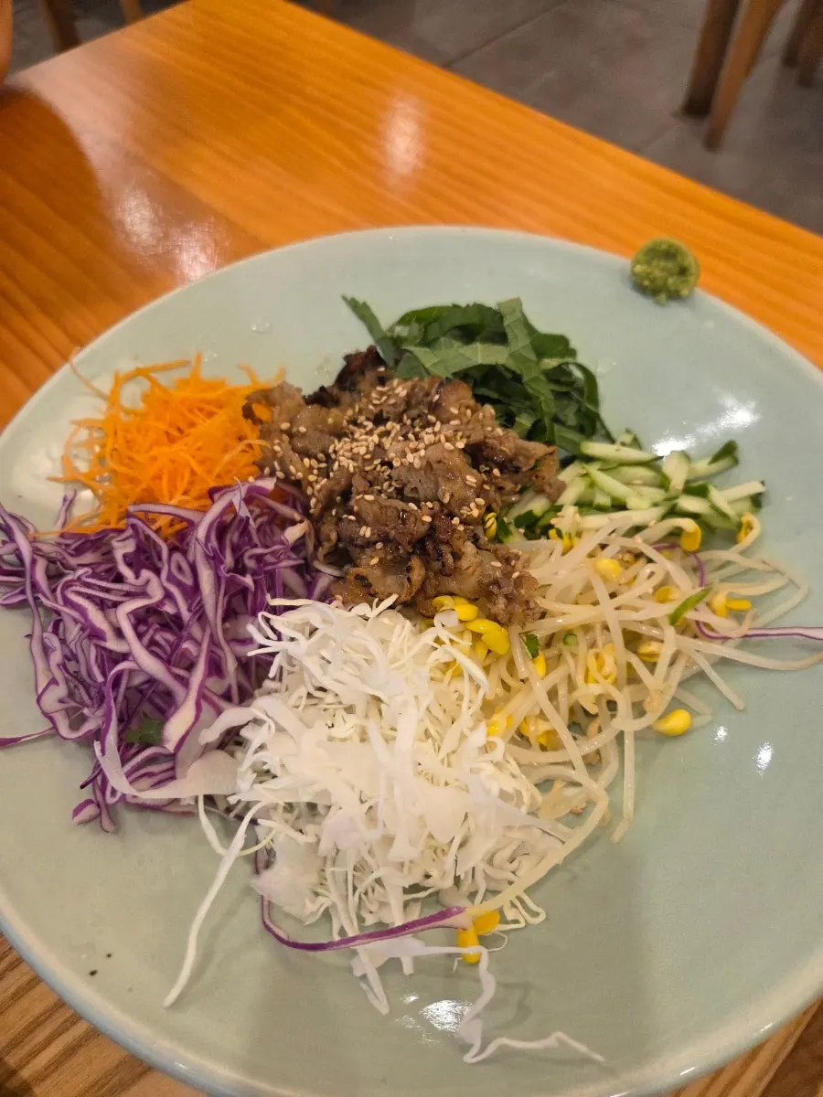 A spoonful of mixed charcoal beef short rib bibimbap