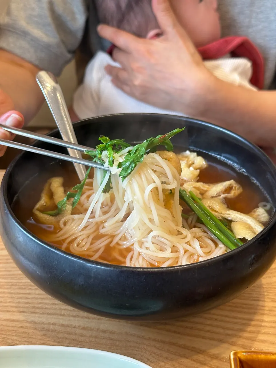 A bowl of spicy hangover fresh noodle soup