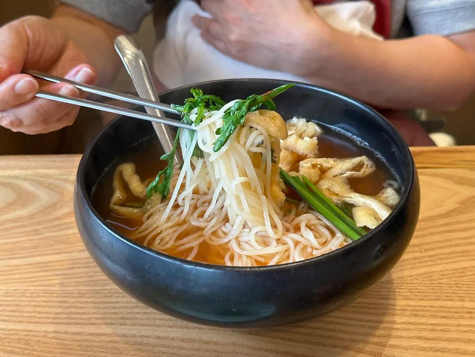 Spicy hangover fresh noodle soup with crown daisy and fried tofu