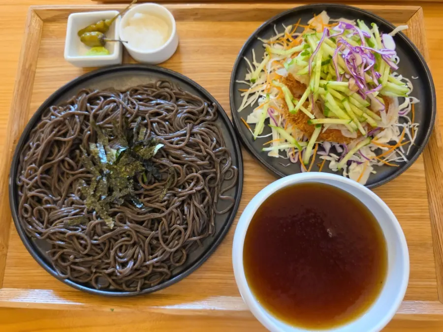 Full spread of the aqua pork cutlet soba set